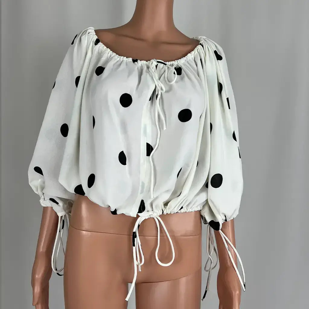 Front View of the Sassy Hills Fashion Polka Dot Drawstring Blouse