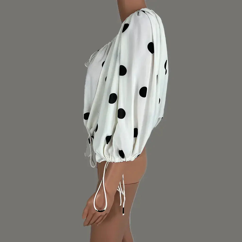 Side View of the Sassy Hills Fashion Polka Dot Drawstring Blouse