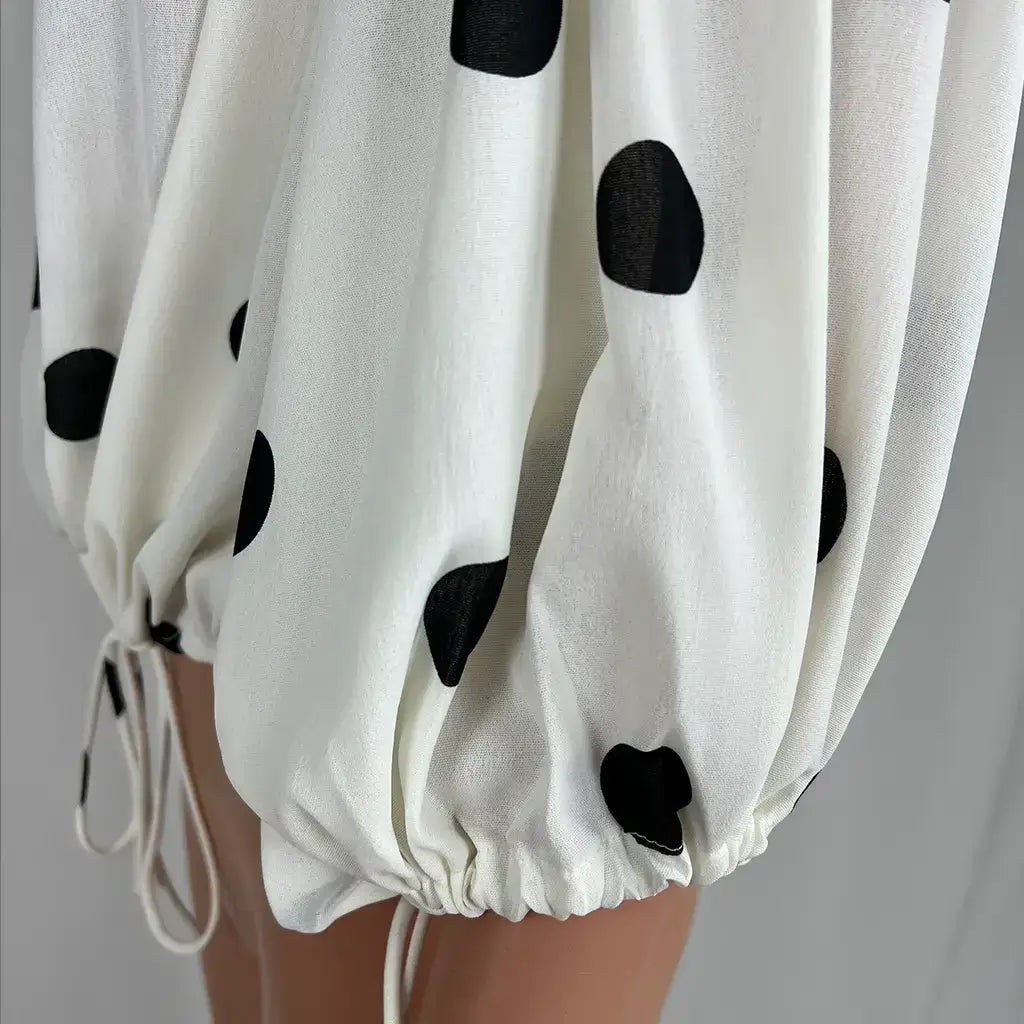 Sleeve Detail View of the Sassy Hills Fashion Polka Dot Drawstring Blouse