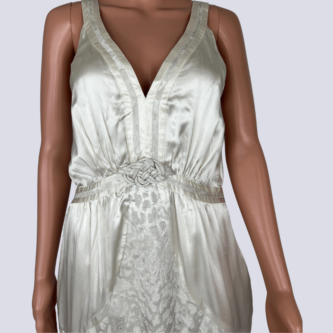 Front detail view of the Seduce silk cream mini dress