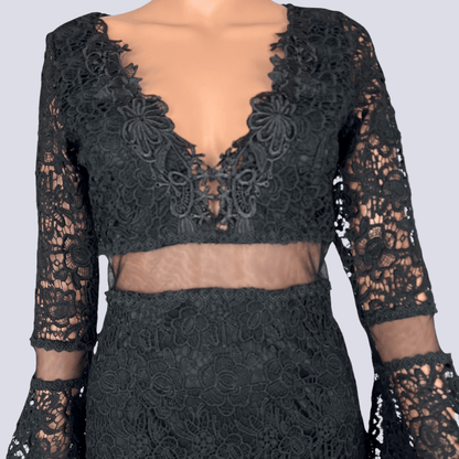 Front top detail of the Shareen black lace dress