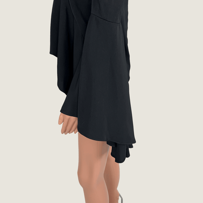 Side close up view of the Shona Joy Off The Shoulder Bell Sleeve Black 