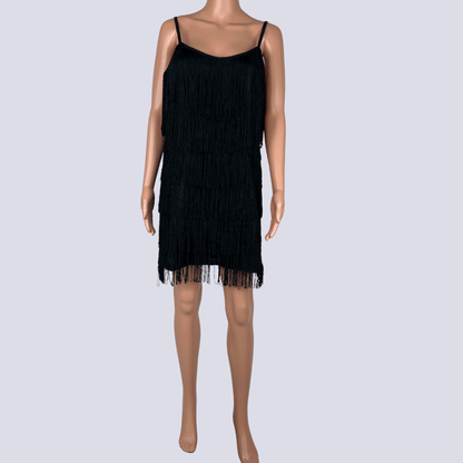 Front view of the Spicysugar black fringe flapper dress