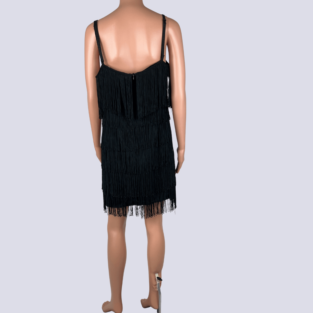 Back view of the Spicysugar black fringe flapper dress