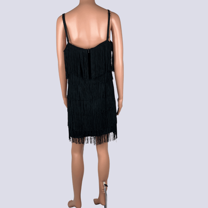 Back view of the Spicysugar black fringe flapper dress