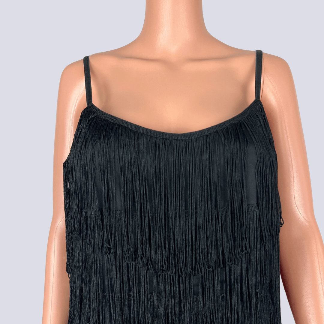 Front detail view of the Spicysugar black fringe flapper dress