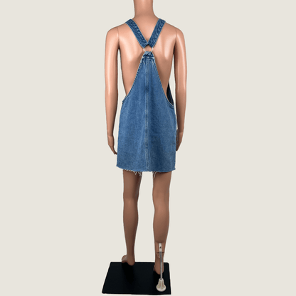 Back view of the Subtitled Women's Denim Mini Overall Pinafore