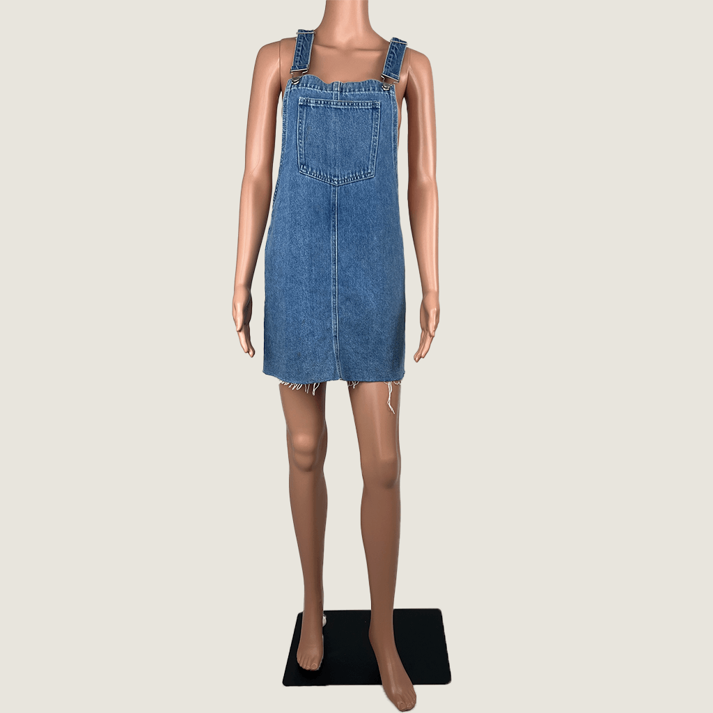 Front view of the Subtitled Women's Denim Mini Overall Pinafore