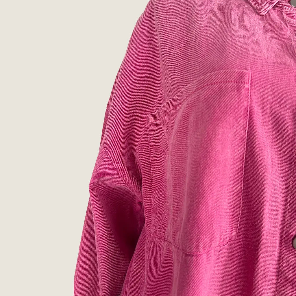 Front Pocket Detail View of the Sunny Girl Shirt Denim Jacket Pink