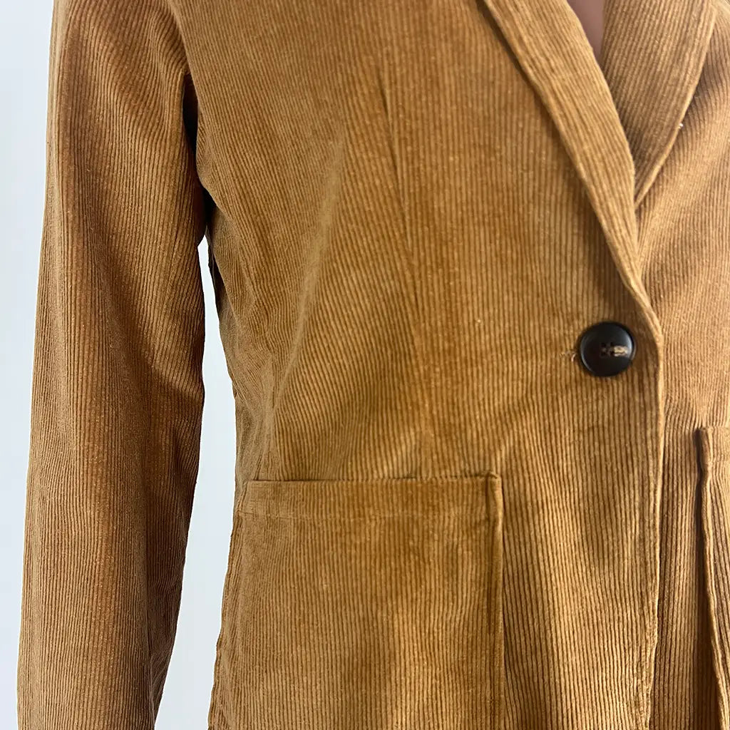 Front Detail View of the Sunny Girl Corduroy Suit Jacket in Tan