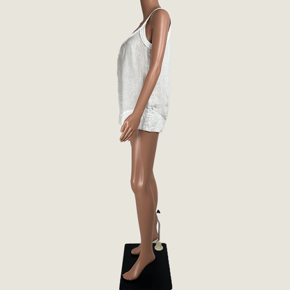 Side view of a Sussan white linen sleeveless tank top