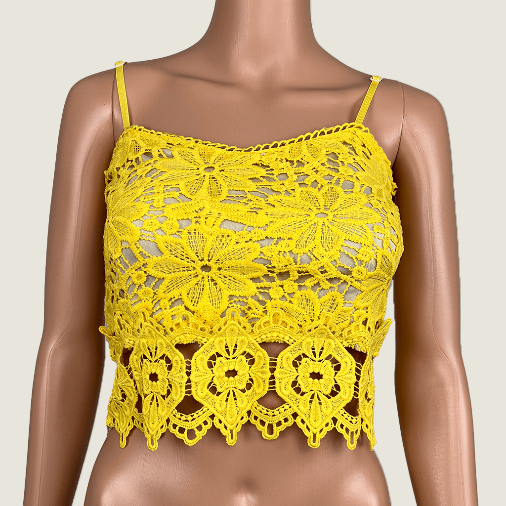 Temt Yellow Sleeveless Embroidered Crop Top Front