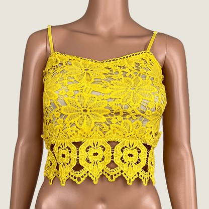 Temt Yellow Sleeveless Embroidered Crop Top Front