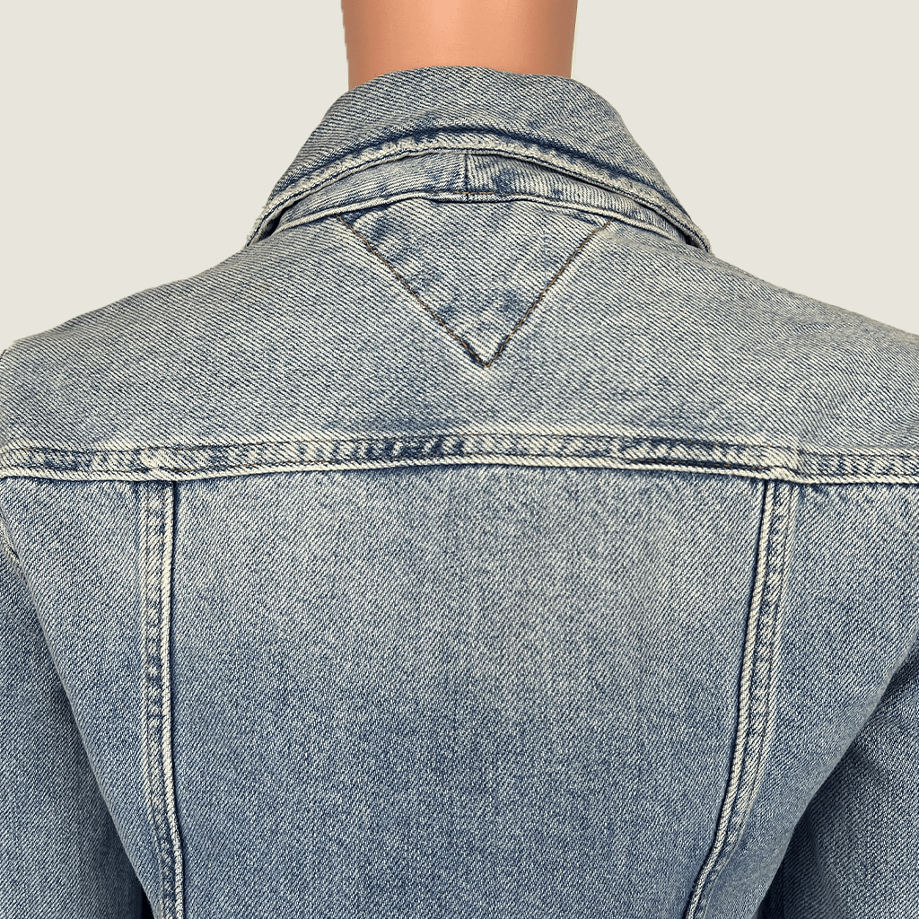 Back Collar Close Up View of The Tommy Jeans Denim Jacket Logo Tape Sleeve