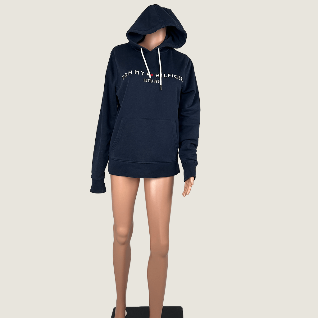 Front view of the Tommy Hilfiger Navy Logo Hoodie