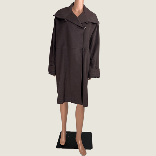 Front view of the Victoria Loftes dark brown wool overcoat