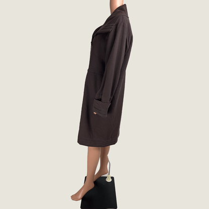 Side view of the Victoria Loftes dark brown wool overcoat