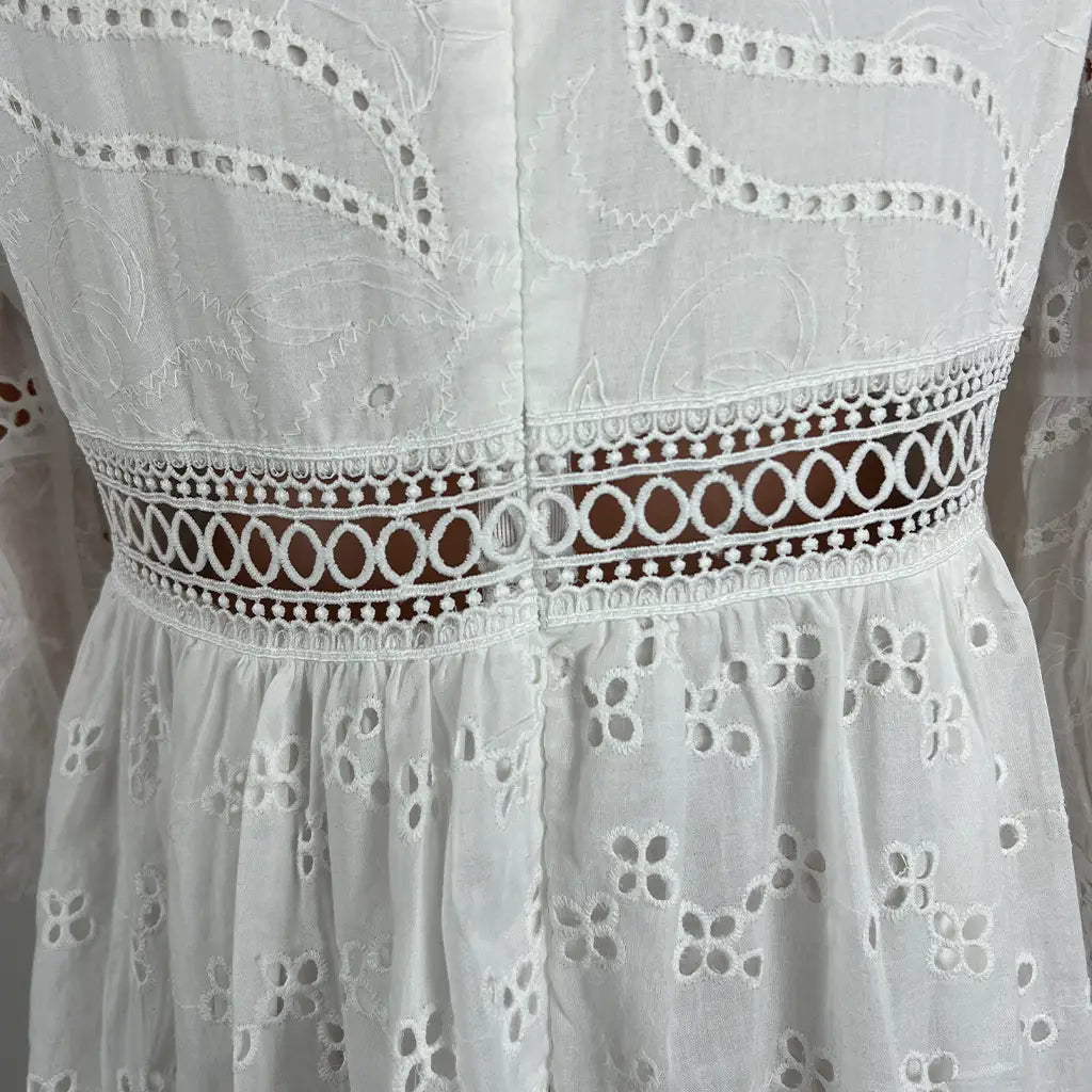 Back Waist Detail View of a White Lace Summer Midi Dress 