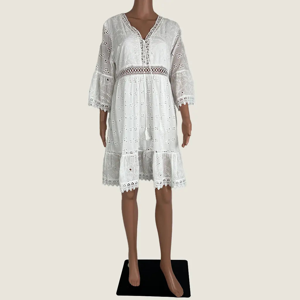 Front View of a White Lace Summer Midi Dress 