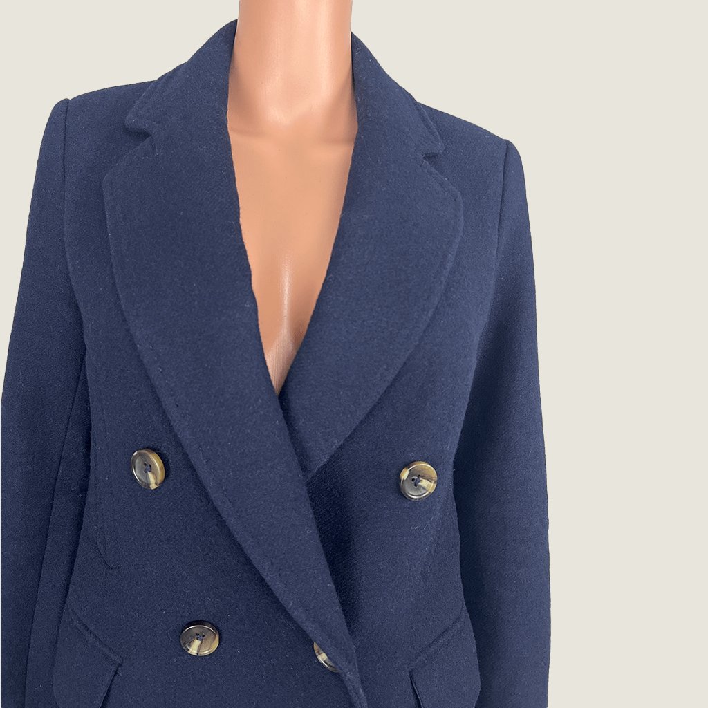 Front collar view of the Witchery Classic Navy Wool Blend Double Breasted Coat