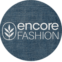 Encore Fashion logo, works on blue denim textured background with seedling in a circle