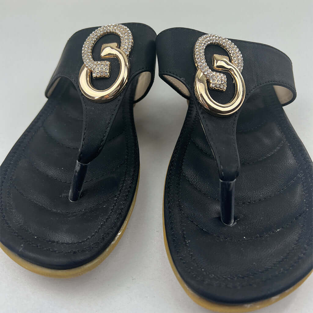 Black Flat Flip-Flops With Diamante And Gold Colour Toe Feature