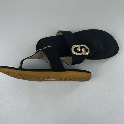 Black Flat Flip-Flops With Diamante And Gold Colour Toe Feature Side