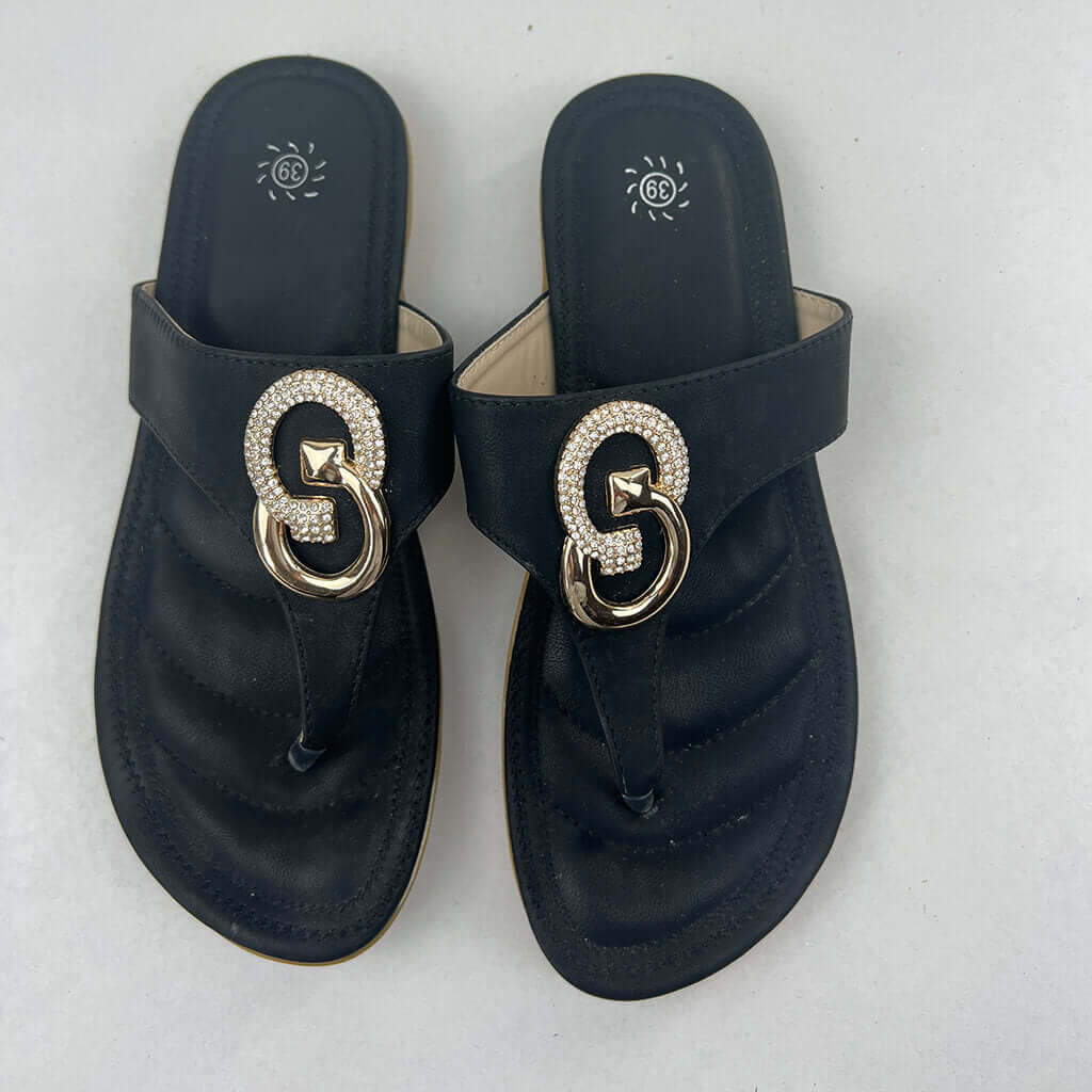 Black Flat Flip-Flops With Diamante And Gold Colour Toe Feature Both