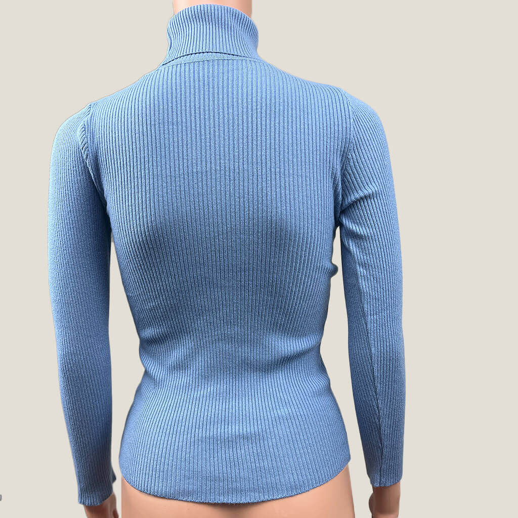 Blue Knit Polo Neck Long Sleeve Top Back