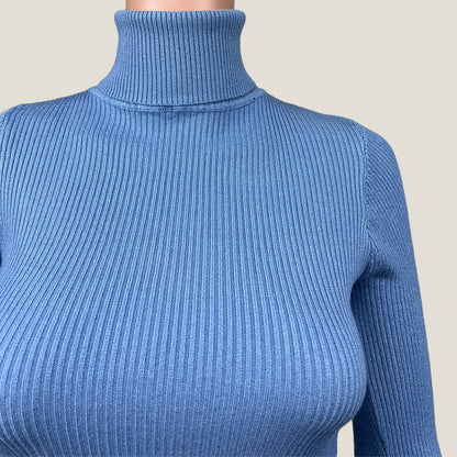Blue Knit Polo Neck Long Sleeve Top Bust Detail
