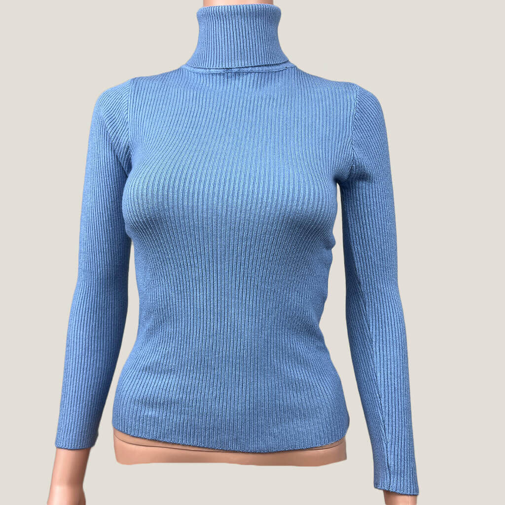 Blue Knit Polo Neck Long Sleeve Top Small Front