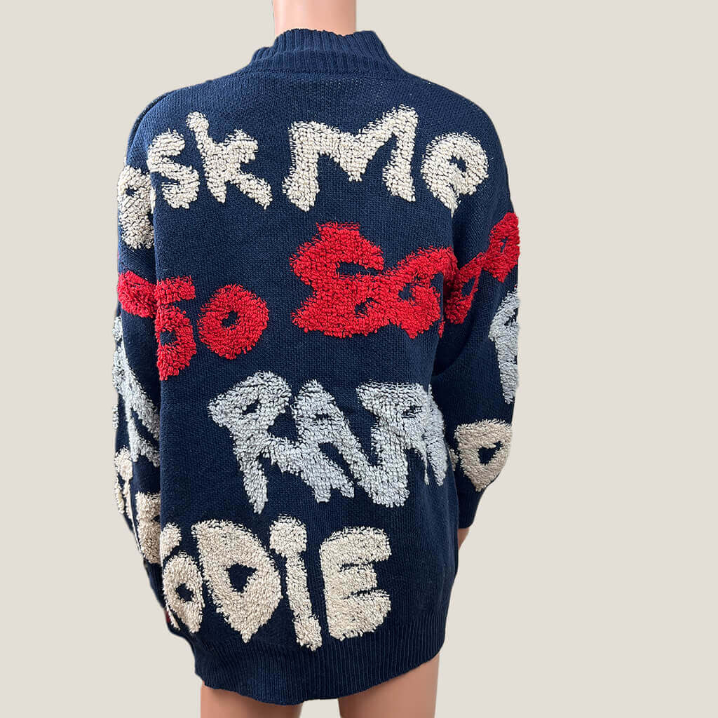 Back Woman's Oversized Cardigan With Words In Design