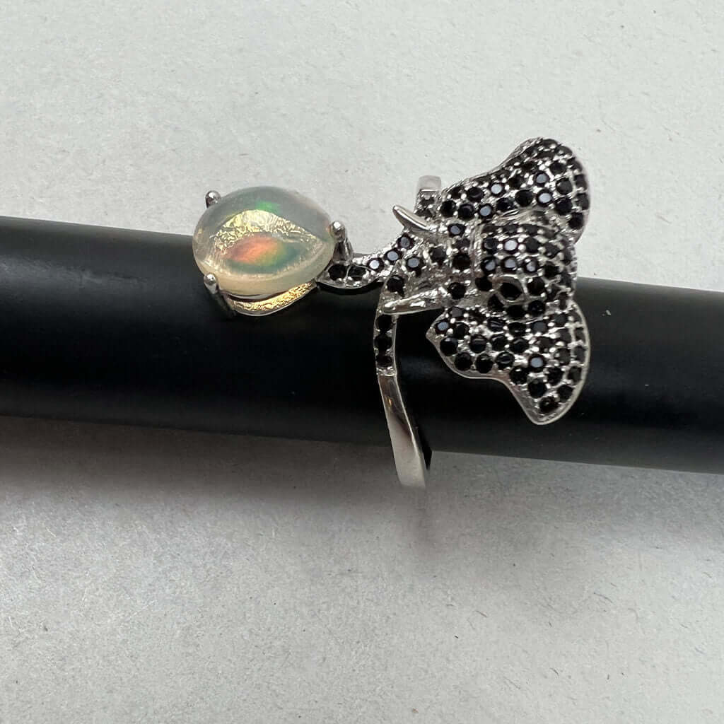Elephant Ring With Fire Opals, Black Spinel  and White 14K Gold Plated