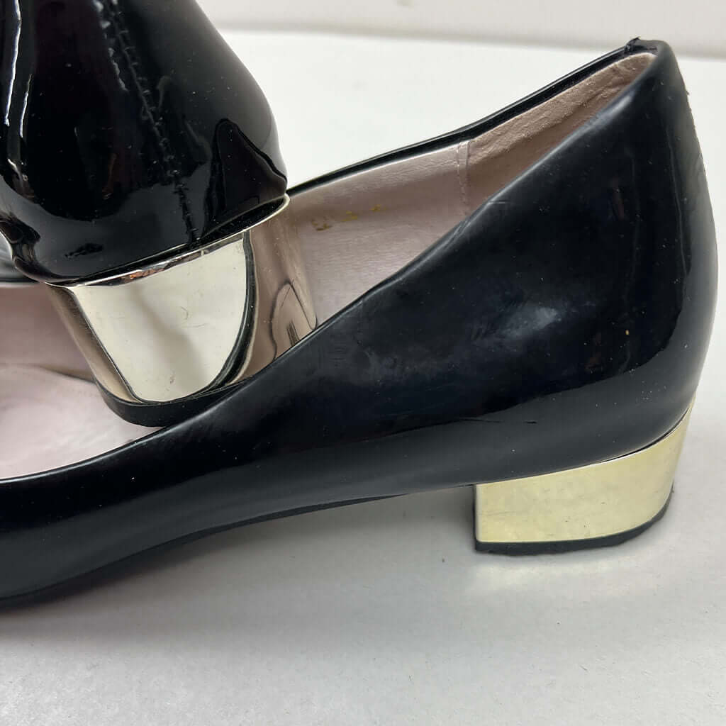 Eliza Litz Paten Slip gold heels detail