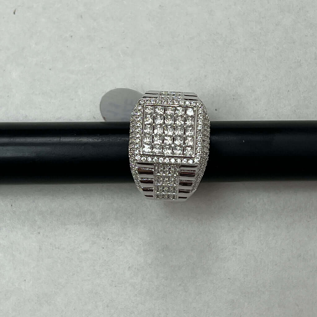 Square White Gold Plated Cubic Zirconia Men's Ring on black