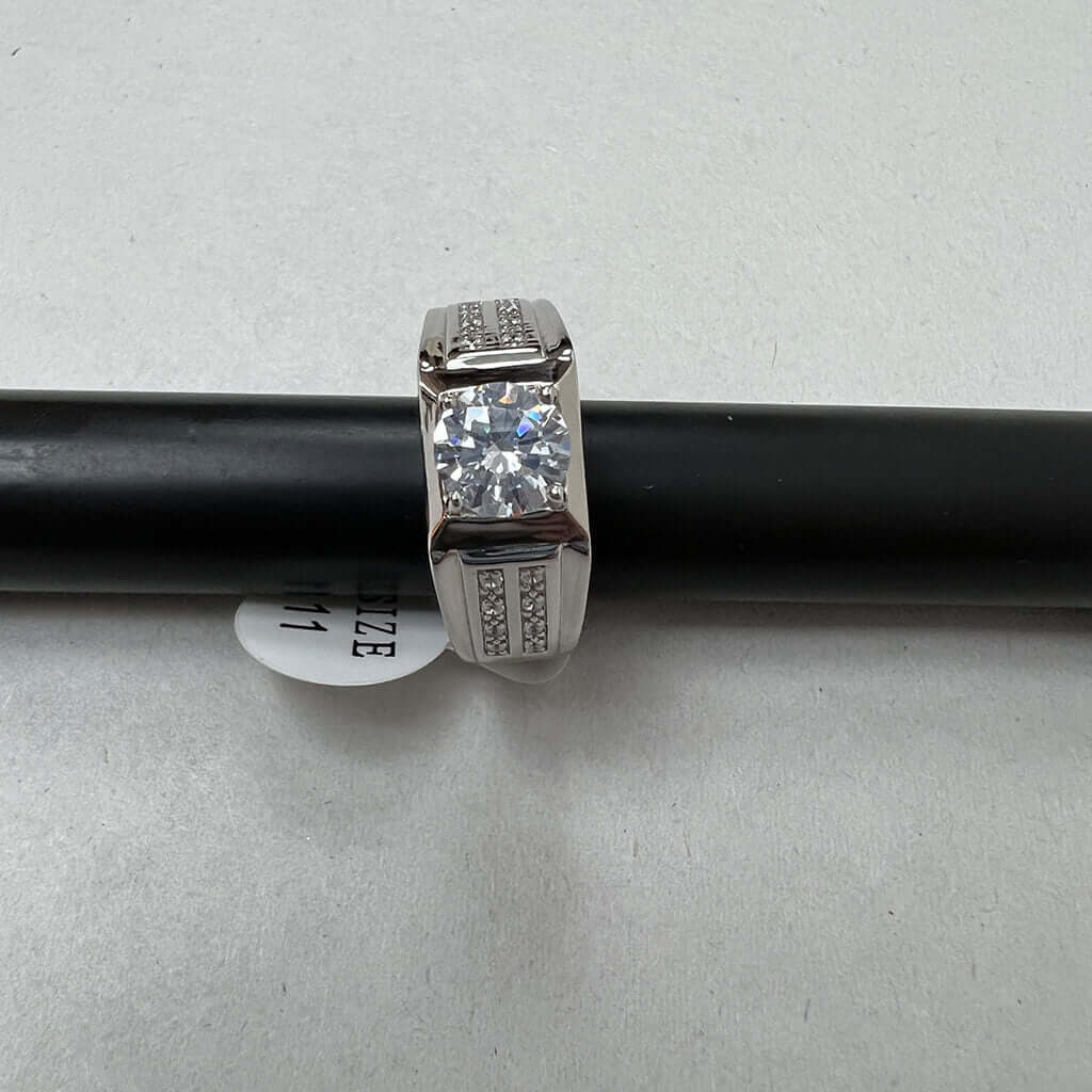 White Gold Plated Cubic Zirconia Men's Ring on Black