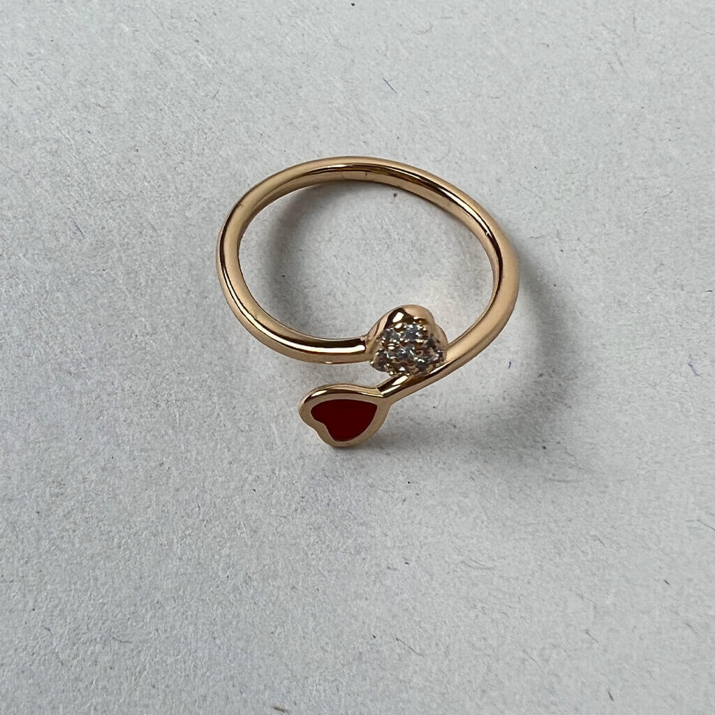 Women Pinkie Ring Two Hearts Ruby and Diamond Stones Front
