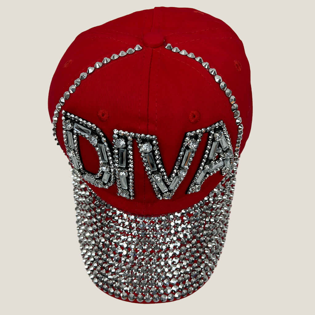 Lala red baseball hat with DIVA written with studs and gems top view