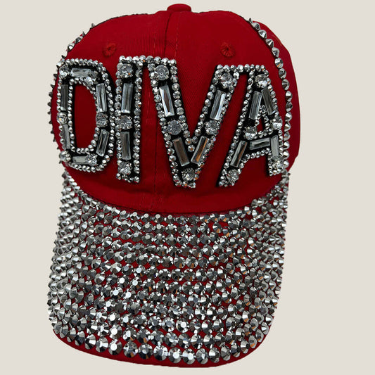 Lala red baseball hat with DIVA written with studs and gems front