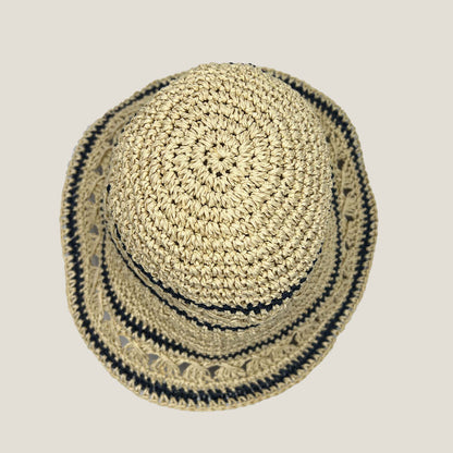 Lala Beige Straw Sun Hat With Blue Stripe Above