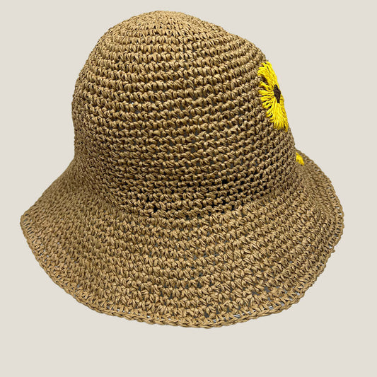 Lala Beige Straw Sun Hat With Yellow Flower Front 