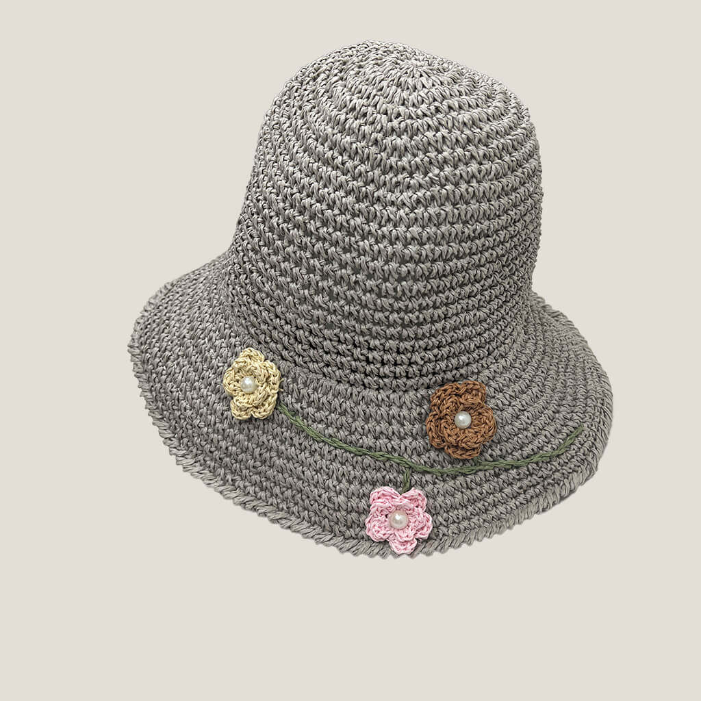 Lala Summer Straw Hat With Flower Design Grey