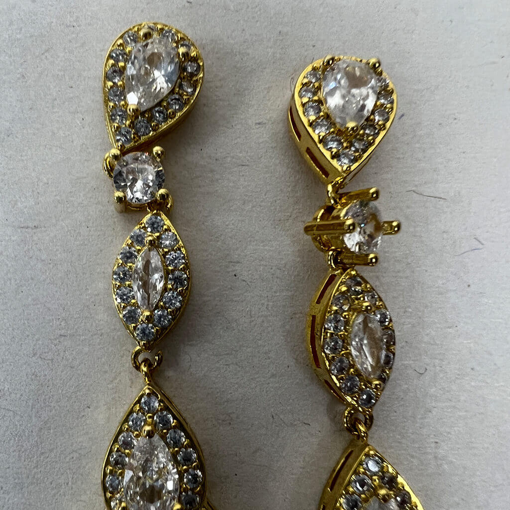 Gold Filled Cubic Zirconias Stud Long Drop Earrings close ups