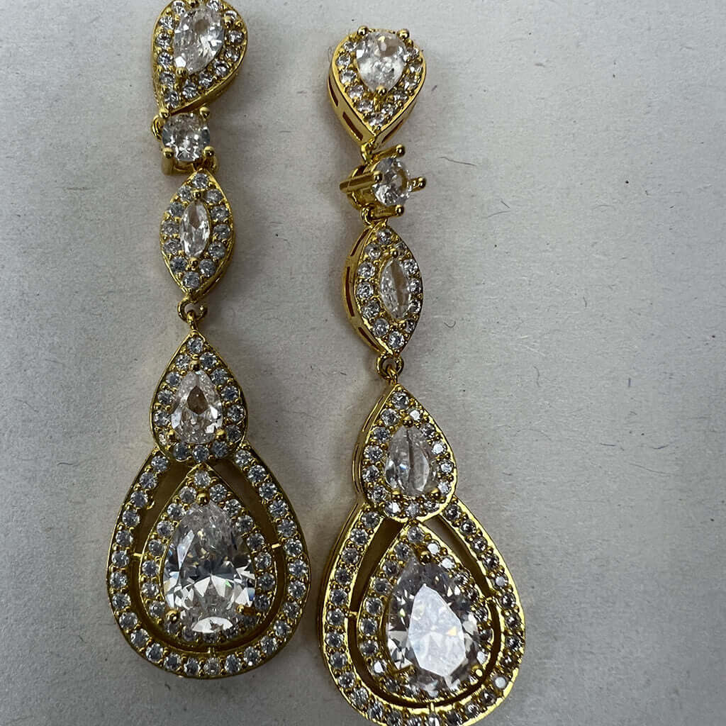 Gold Filled Cubic Zirconias Stud Long Drop Earrings