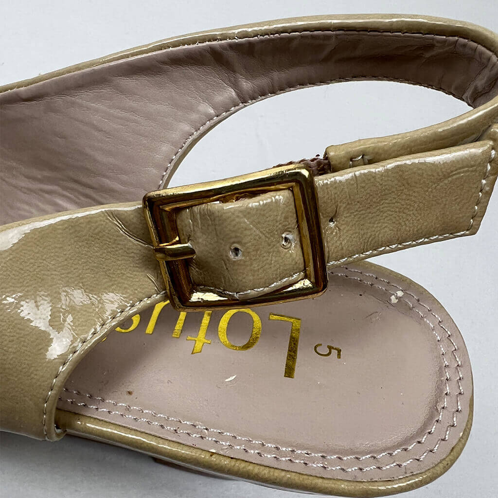 Lotus Patent Open Toe Wedge Sandal Buckle Detail