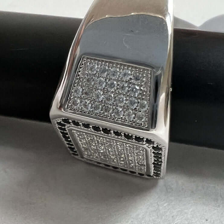 White Gold Plated White And Black Cubic Zirconia Ring Men's Ring Side