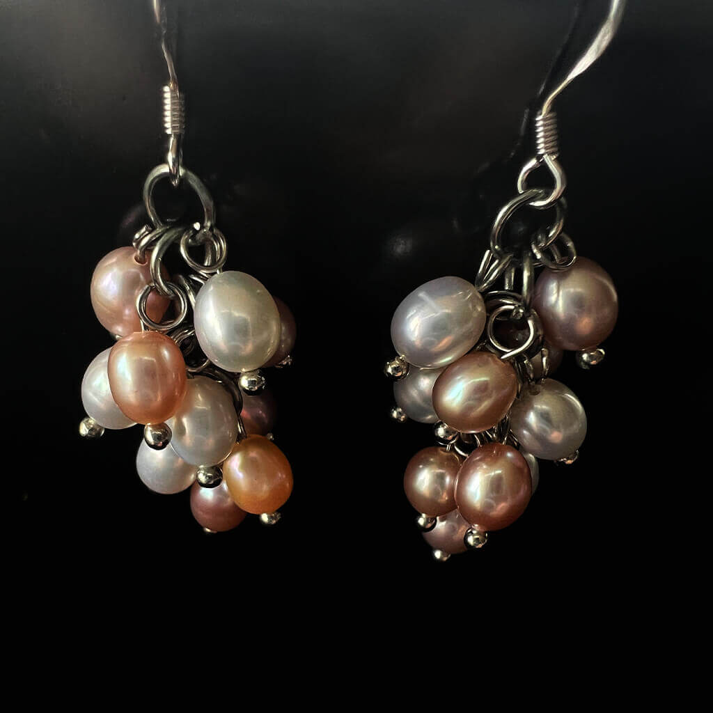 Cultured Pearl Cluster Drop Earrings hanging