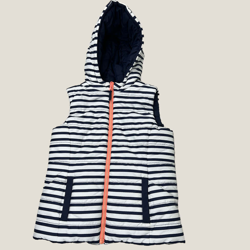 Girls reversable puffer vest blue and white striped side