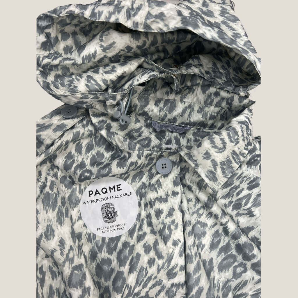 Paqme Leopard Smudge Recycled Womans Raincoat M Hood Detail