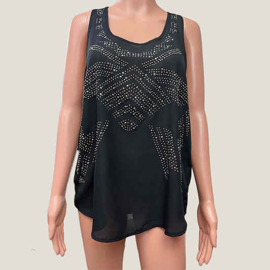 Spicysugar Black Sheer Sleeveless Top with Diamante Design 